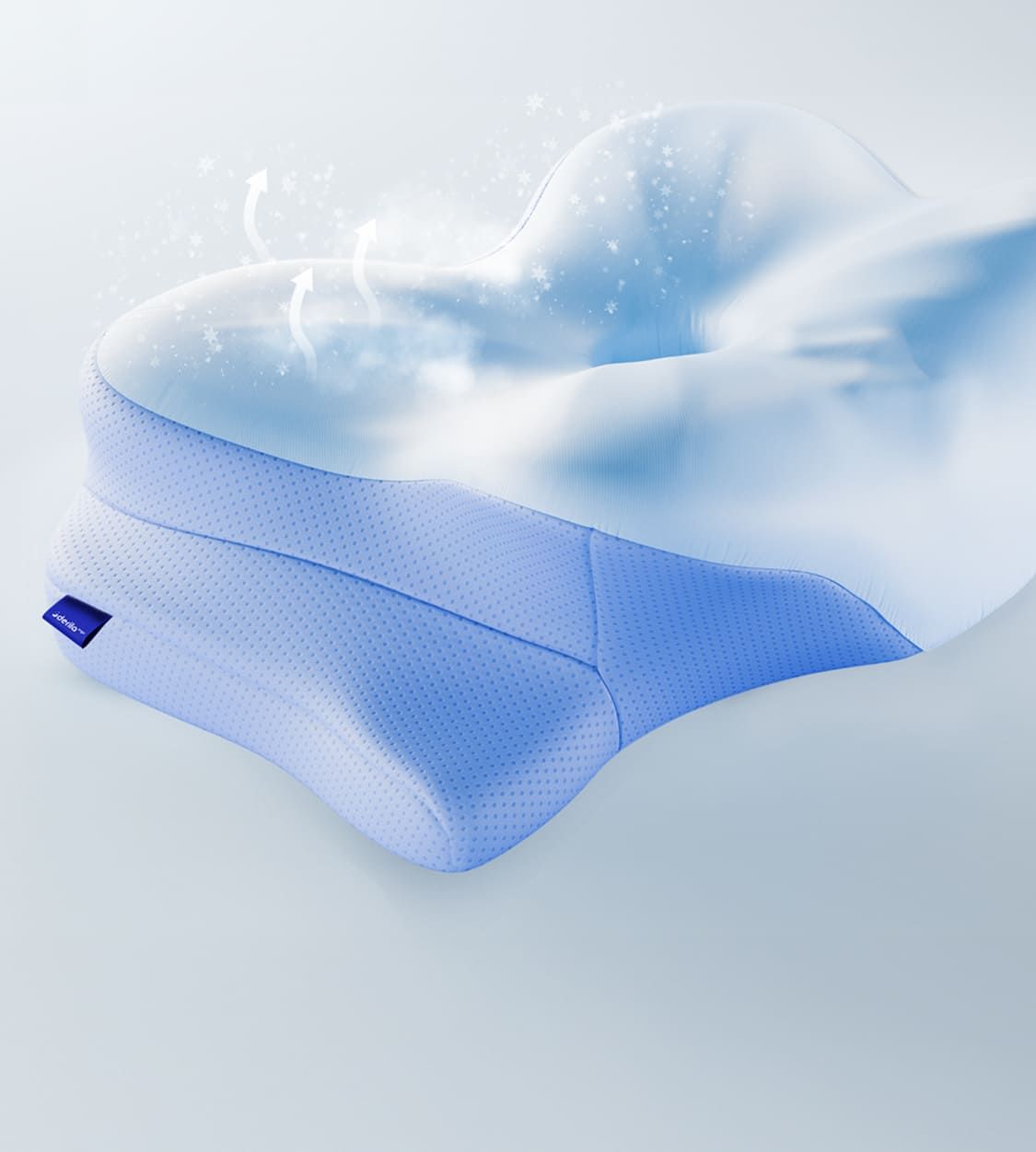 Close view of the Derila ERGO pillow's textured blue cover and zip, resting on white bedding