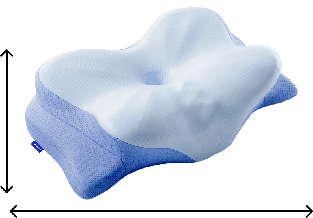 The Derila ERGO pillow viewed from above with arrows indicating its width, depth and height